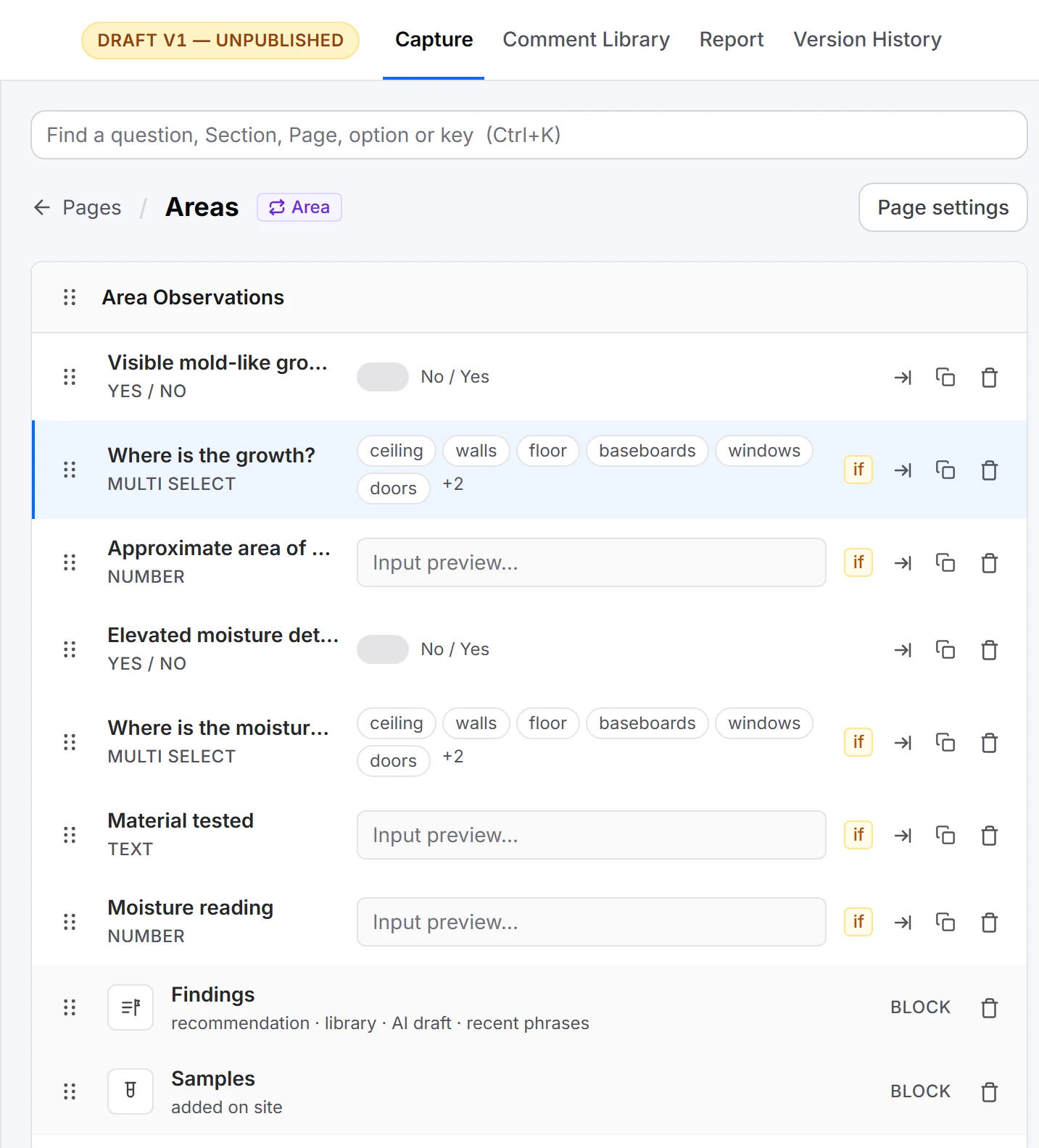 The draft imported from Word, open in the builder: an Areas page with the questions drafted from the document, their conditions and a multi-select’s options.