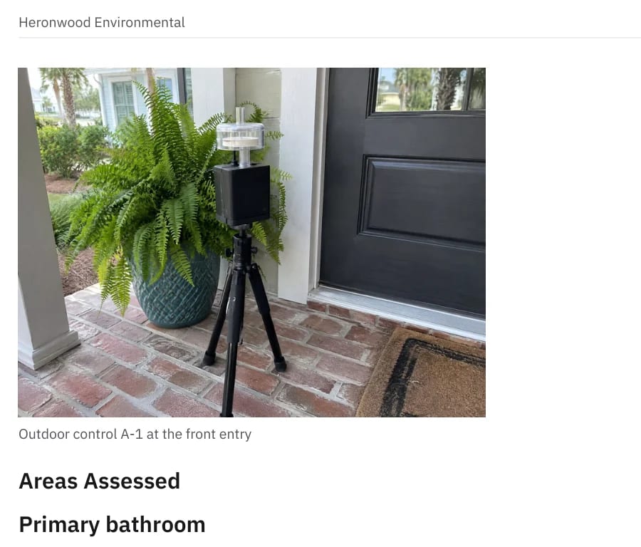 A page of the delivered PDF: the outdoor control sample’s photo, captioned, above Areas Assessed.